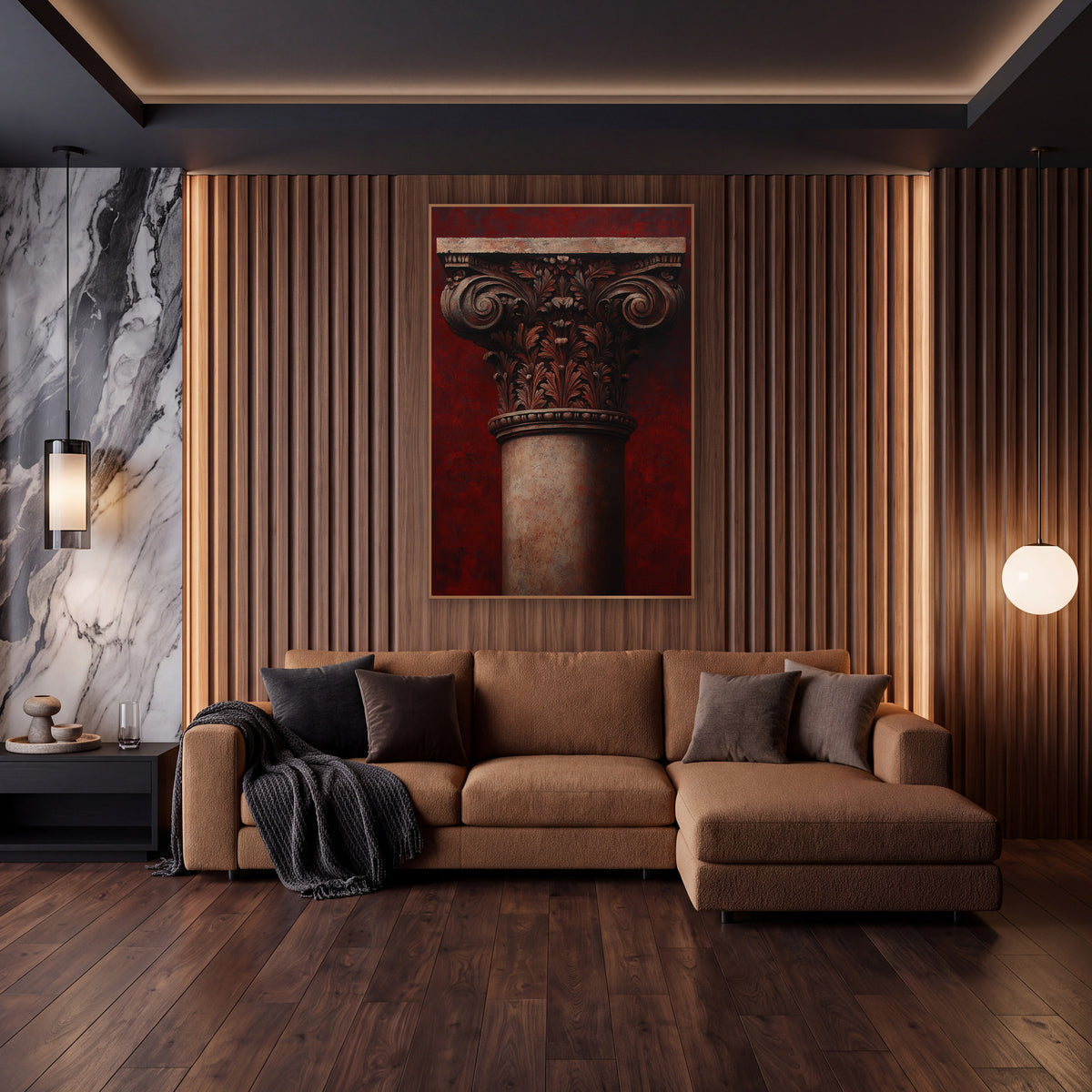 Scarlet Corinthian Smooth-Shaft Classical wall art in an elegant modern room – classical column capital with carved