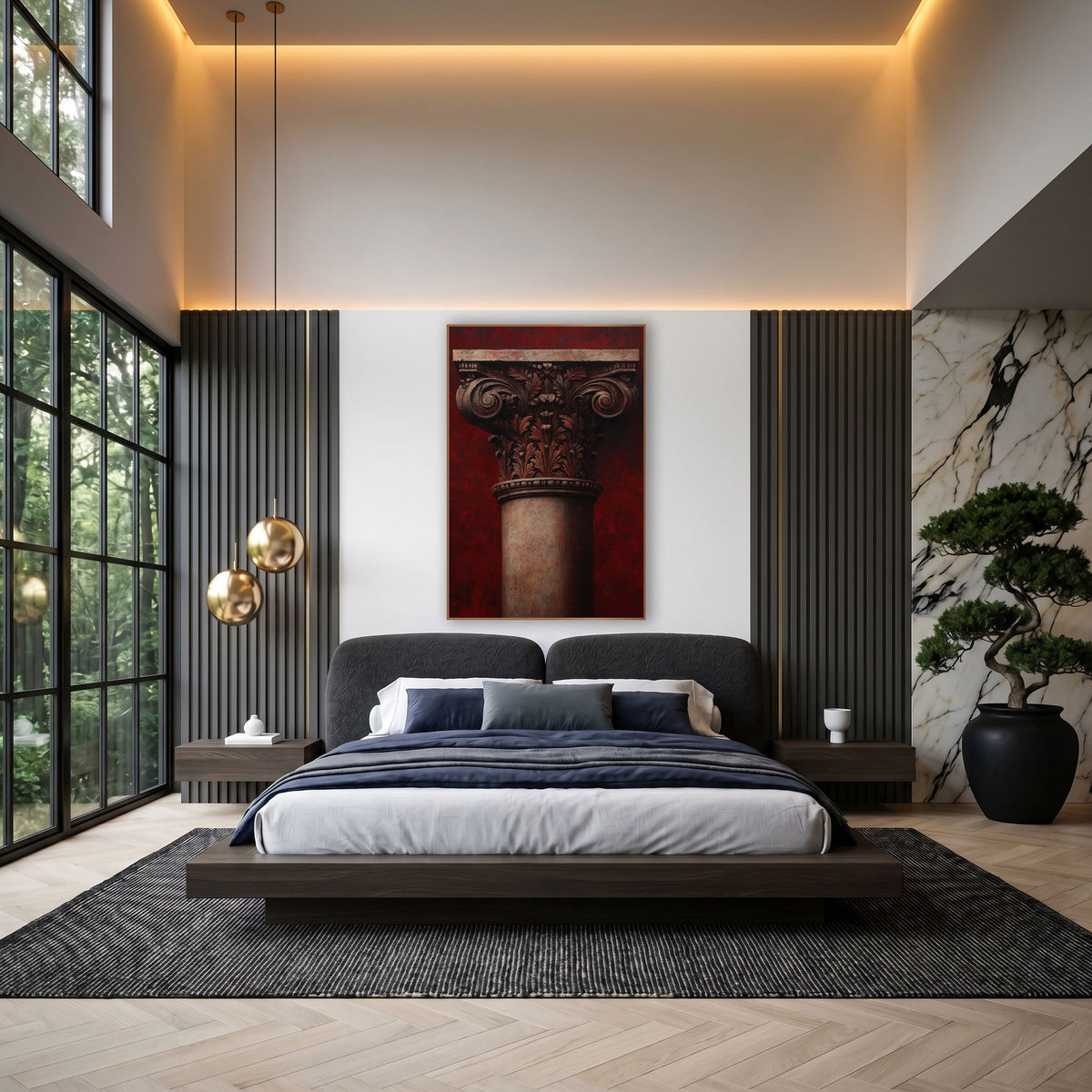 Scarlet Corinthian Smooth-Shaft Classical wall art in an elegant modern room – classical column capital with carved