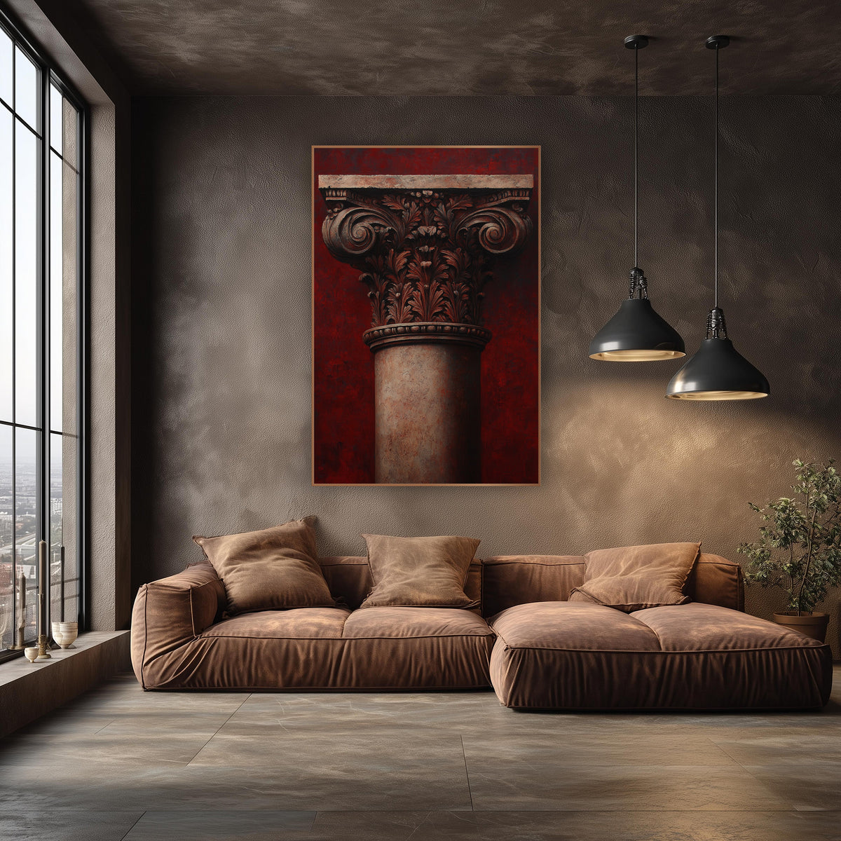 Scarlet Corinthian Smooth-Shaft Classical wall art in an elegant modern room – classical column capital with carved