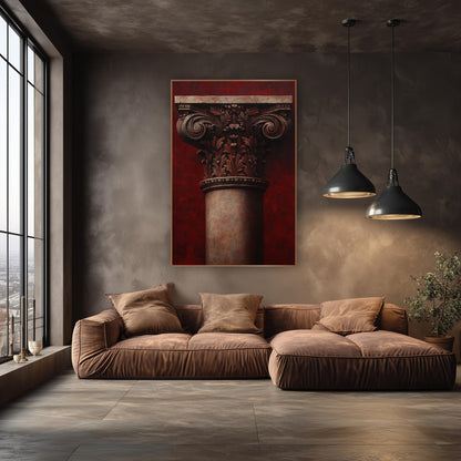 Scarlet Corinthian Smooth-Shaft Classical wall art in an elegant modern room – classical column capital with carved