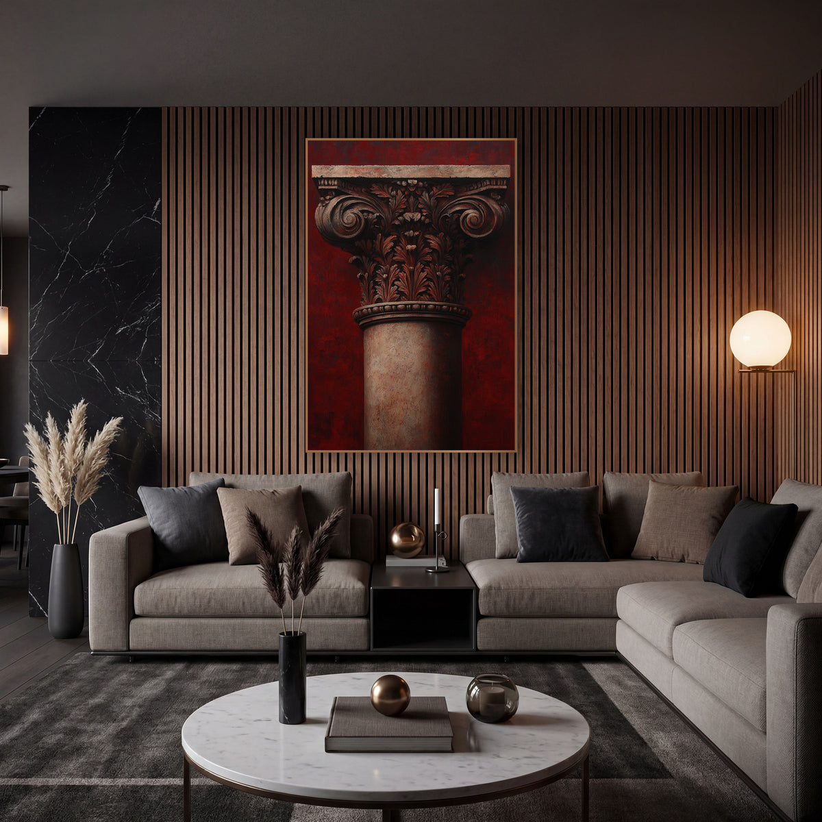 Scarlet Corinthian Smooth-Shaft Classical wall art in an elegant modern room – classical column capital with carved