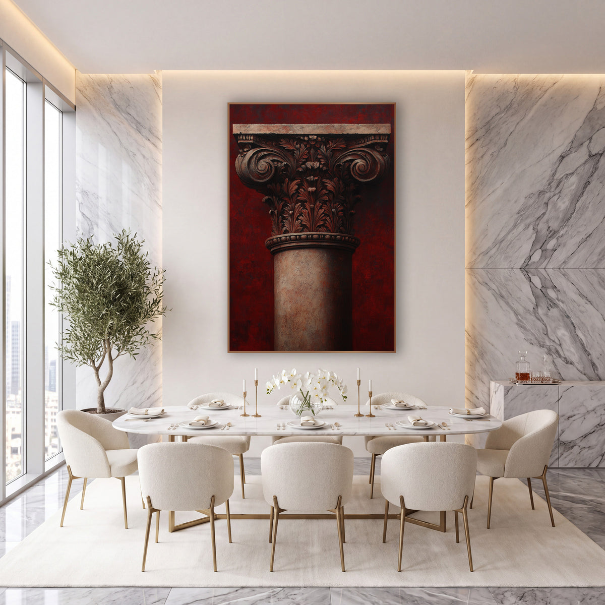 Scarlet Corinthian Smooth-Shaft Classical wall art in an elegant modern room – classical column capital with carved