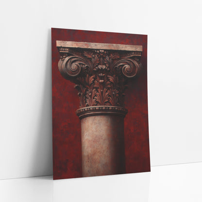 Scarlet Corinthian Smooth-Shaft Classical art print leaning against a white wall – classical column capital with carved