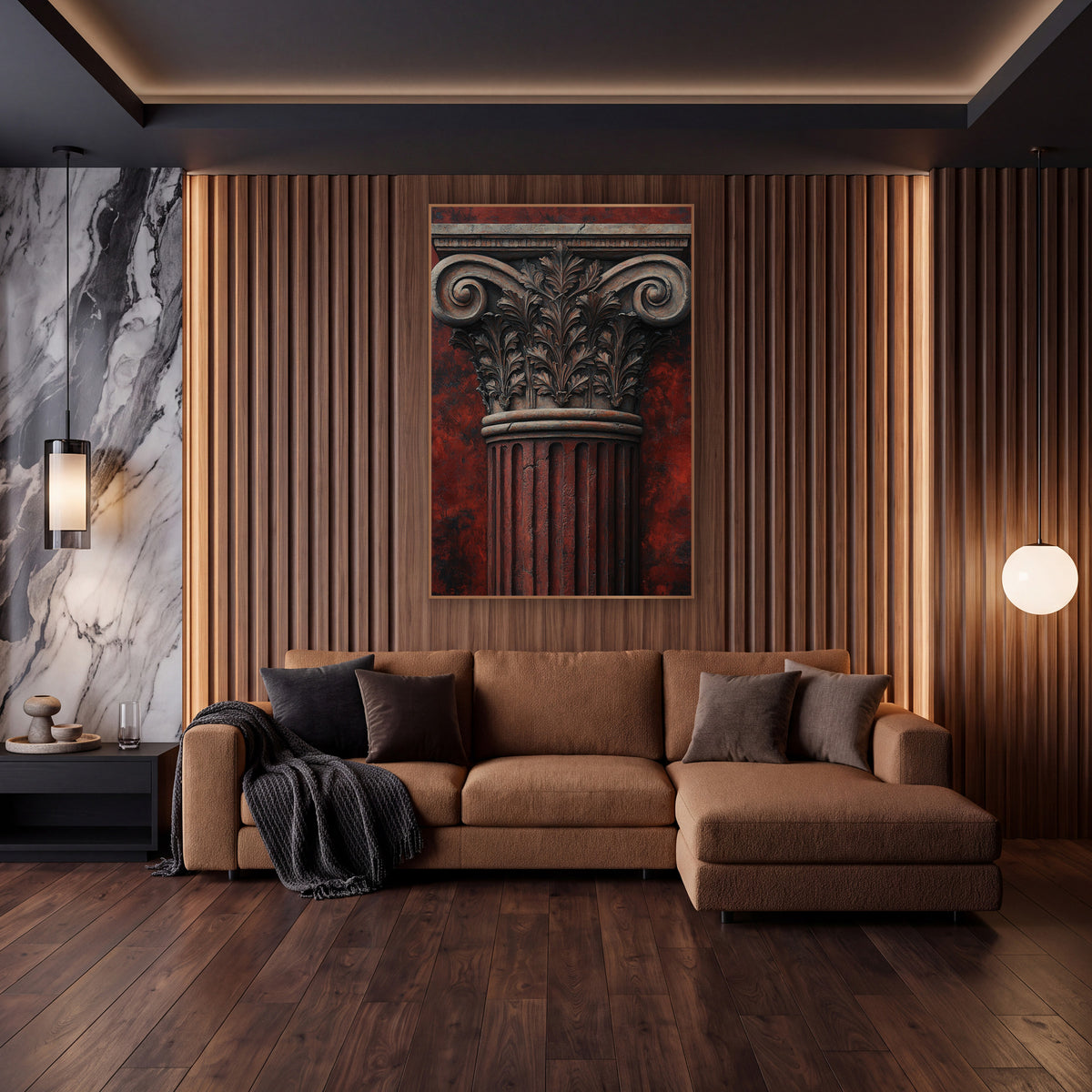 Rust Fluted Ionic Weathered Classical wall art in an elegant modern room – classical column capital with carved leaves