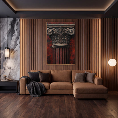 Rust Fluted Ionic Weathered Classical wall art in an elegant modern room – classical column capital with carved leaves