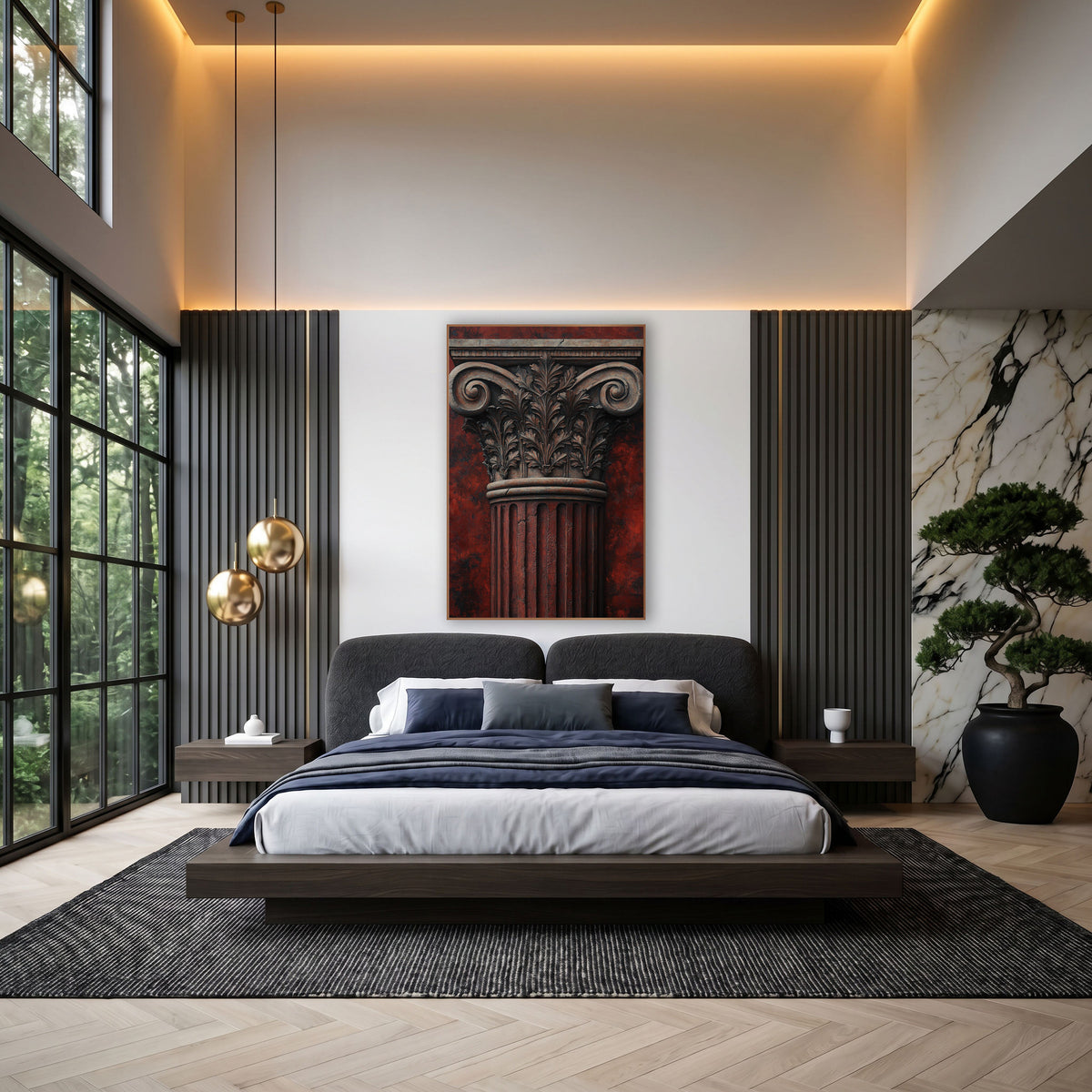 Rust Fluted Ionic Weathered Classical wall art in an elegant modern room – classical column capital with carved leaves