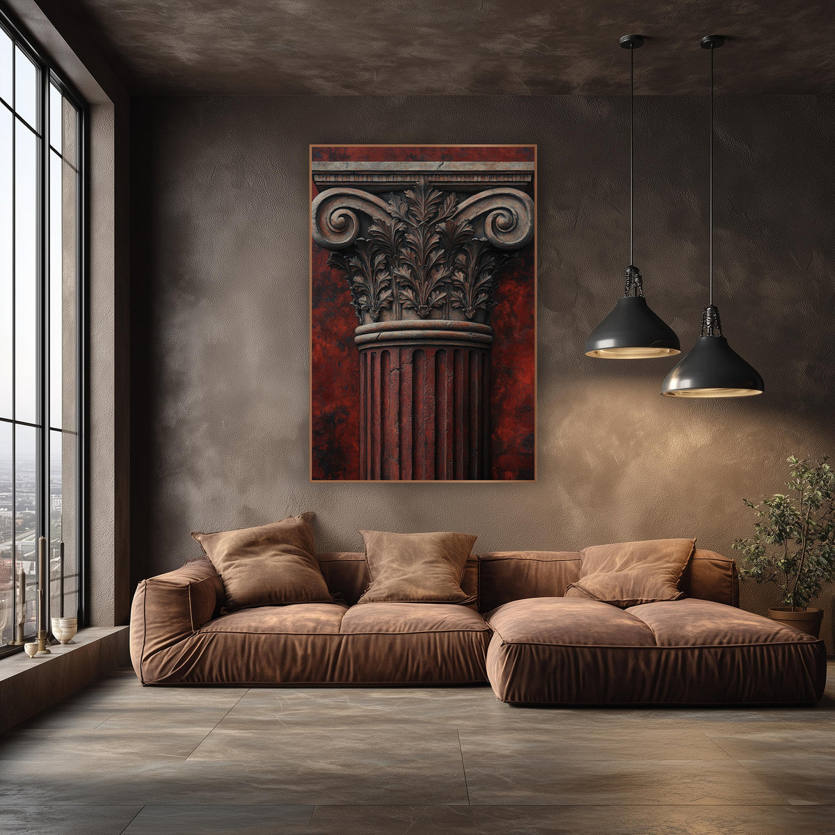 Rust Fluted Ionic Weathered Classical wall art in an elegant modern room – classical column capital with carved leaves