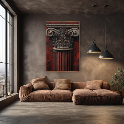 Rust Fluted Ionic Weathered Classical wall art in an elegant modern room – classical column capital with carved leaves
