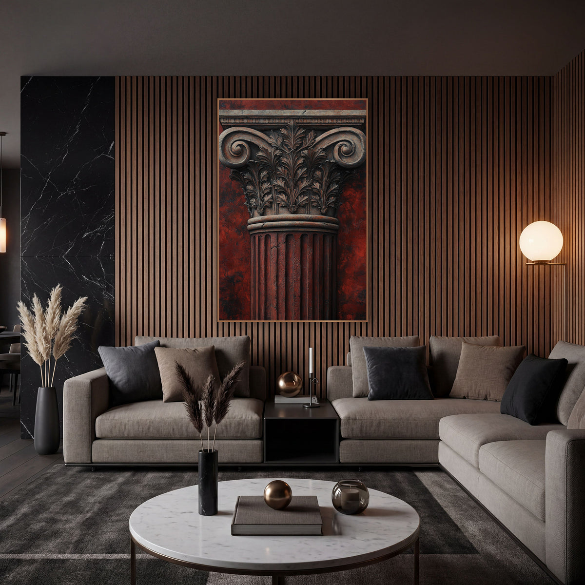 Rust Fluted Ionic Weathered Classical wall art in an elegant modern room – classical column capital with carved leaves