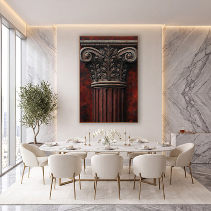 Rust Fluted Ionic Weathered Classical wall art in an elegant modern room – classical column capital with carved leaves