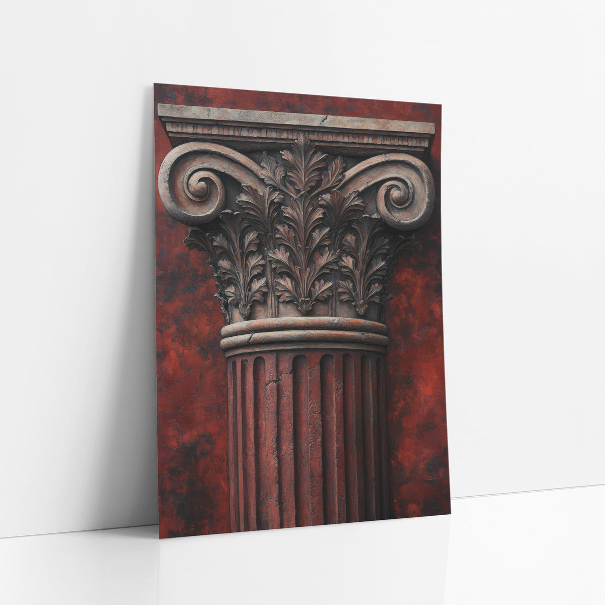 Rust Fluted Ionic Weathered Classical art print leaning against a white wall – classical column capital with carved leaves