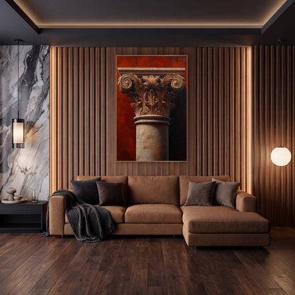 Sunlit Terracotta Acanthus Shadow Classical wall art in an elegant modern room – classical column capital with carved