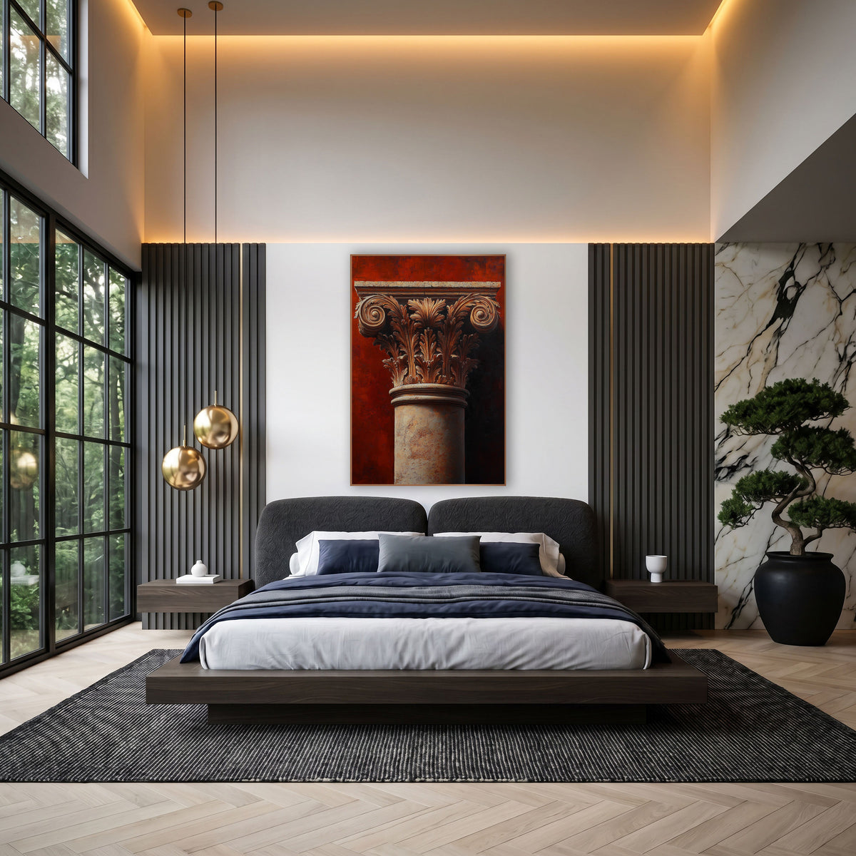 Sunlit Terracotta Acanthus Shadow Classical wall art in an elegant modern room – classical column capital with carved