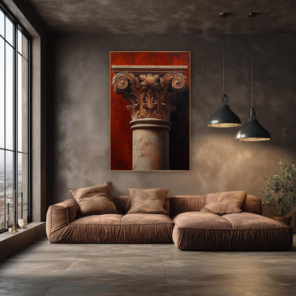 Sunlit Terracotta Acanthus Shadow Classical wall art in an elegant modern room – classical column capital with carved
