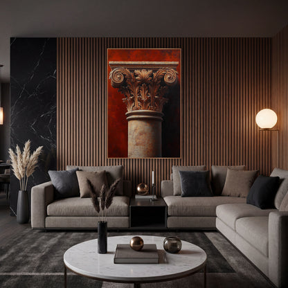 Sunlit Terracotta Acanthus Shadow Classical wall art in an elegant modern room – classical column capital with carved