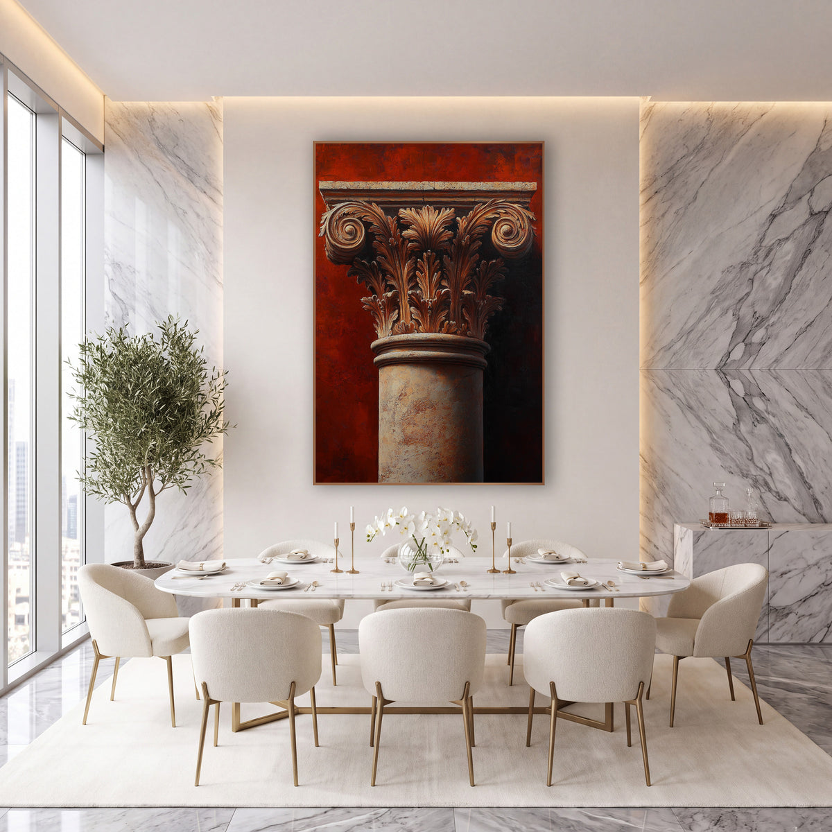 Sunlit Terracotta Acanthus Shadow Classical wall art in an elegant modern room – classical column capital with carved