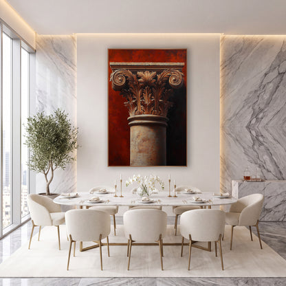 Sunlit Terracotta Acanthus Shadow Classical wall art in an elegant modern room – classical column capital with carved