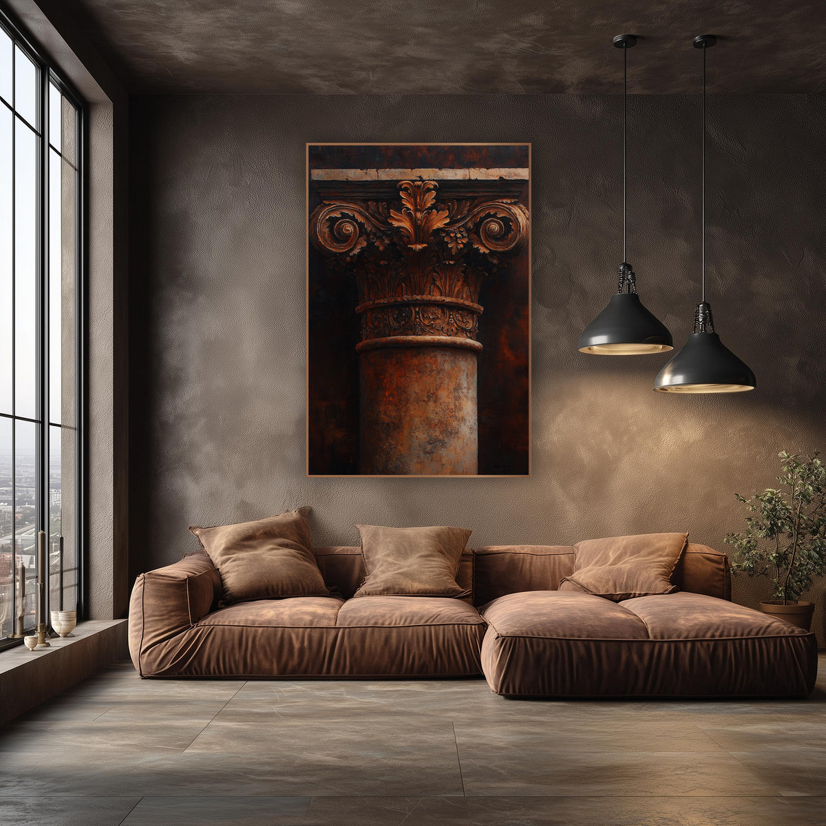 Rust Column Capital Classical Architecture wall art in an elegant modern room – tall close-up of a classical column