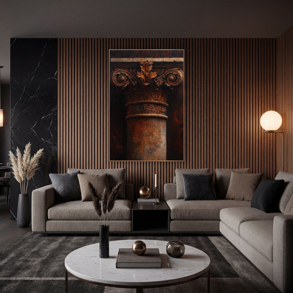 Rust Column Capital Classical Architecture wall art in an elegant modern room – tall close-up of a classical column