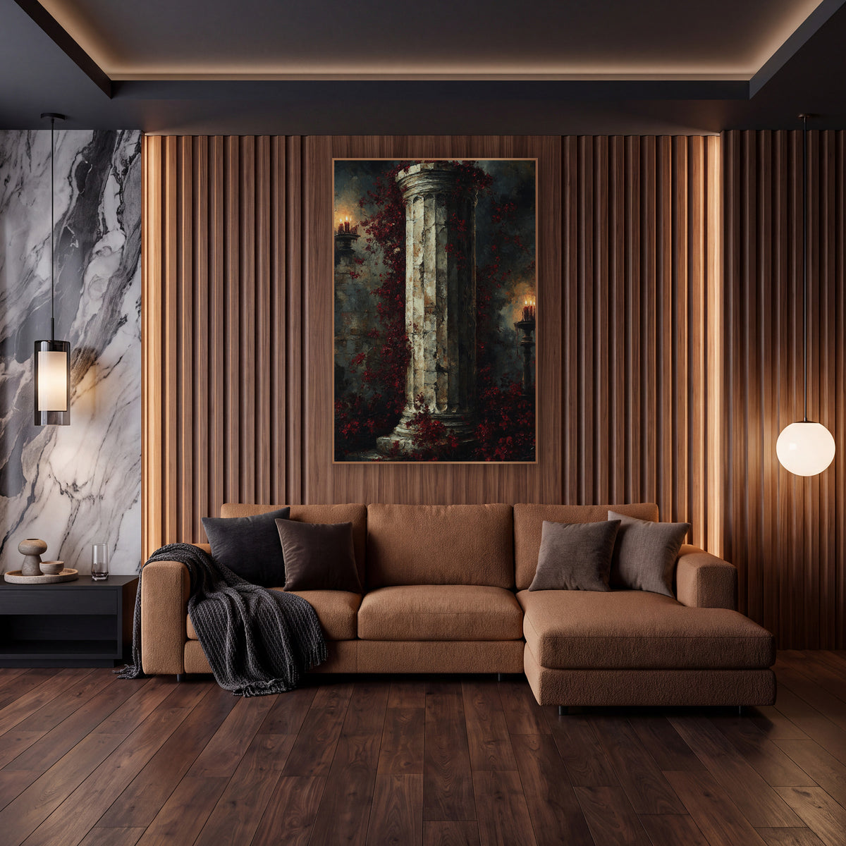 Crimson Blossom Column Gothic Decor wall art in an elegant modern room – fluted stone column wrapped in burgundy