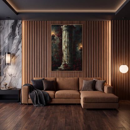 Crimson Blossom Column Gothic Decor wall art in an elegant modern room – fluted stone column wrapped in burgundy