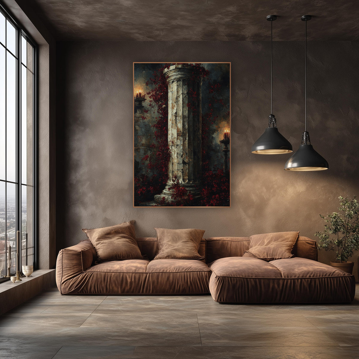 Crimson Blossom Column Gothic Decor wall art in an elegant modern room – fluted stone column wrapped in burgundy