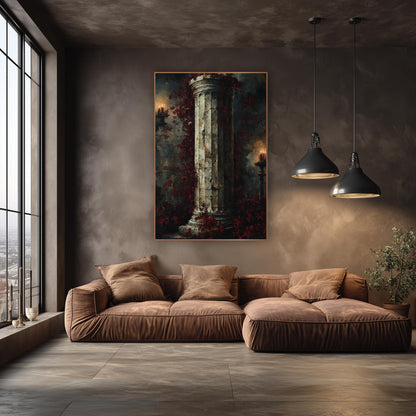 Crimson Blossom Column Gothic Decor wall art in an elegant modern room – fluted stone column wrapped in burgundy