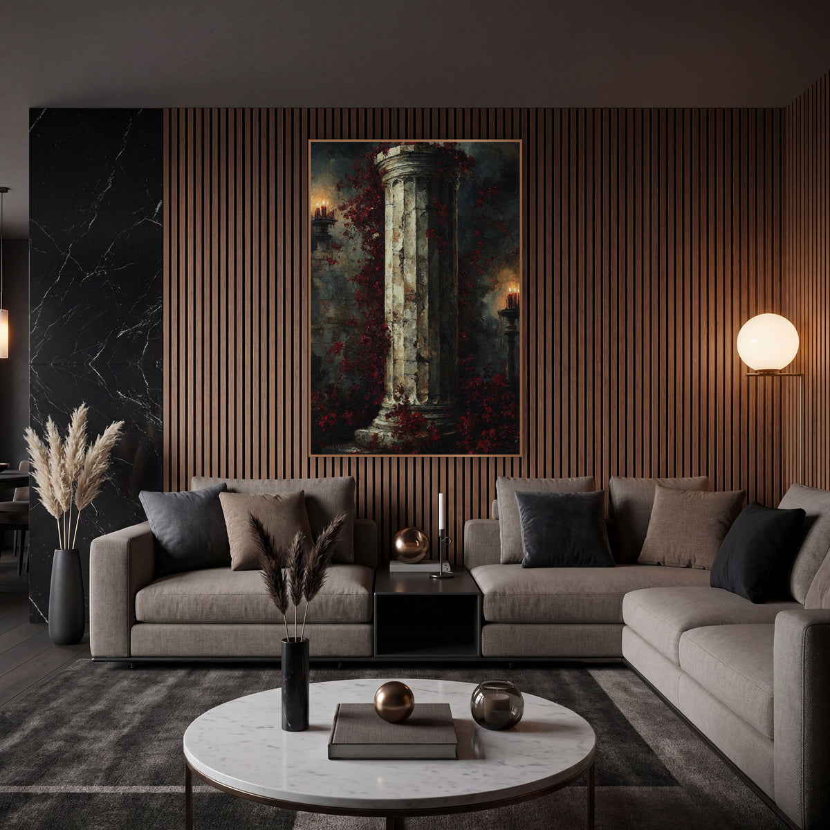 Crimson Blossom Column Gothic Decor wall art in an elegant modern room – fluted stone column wrapped in burgundy