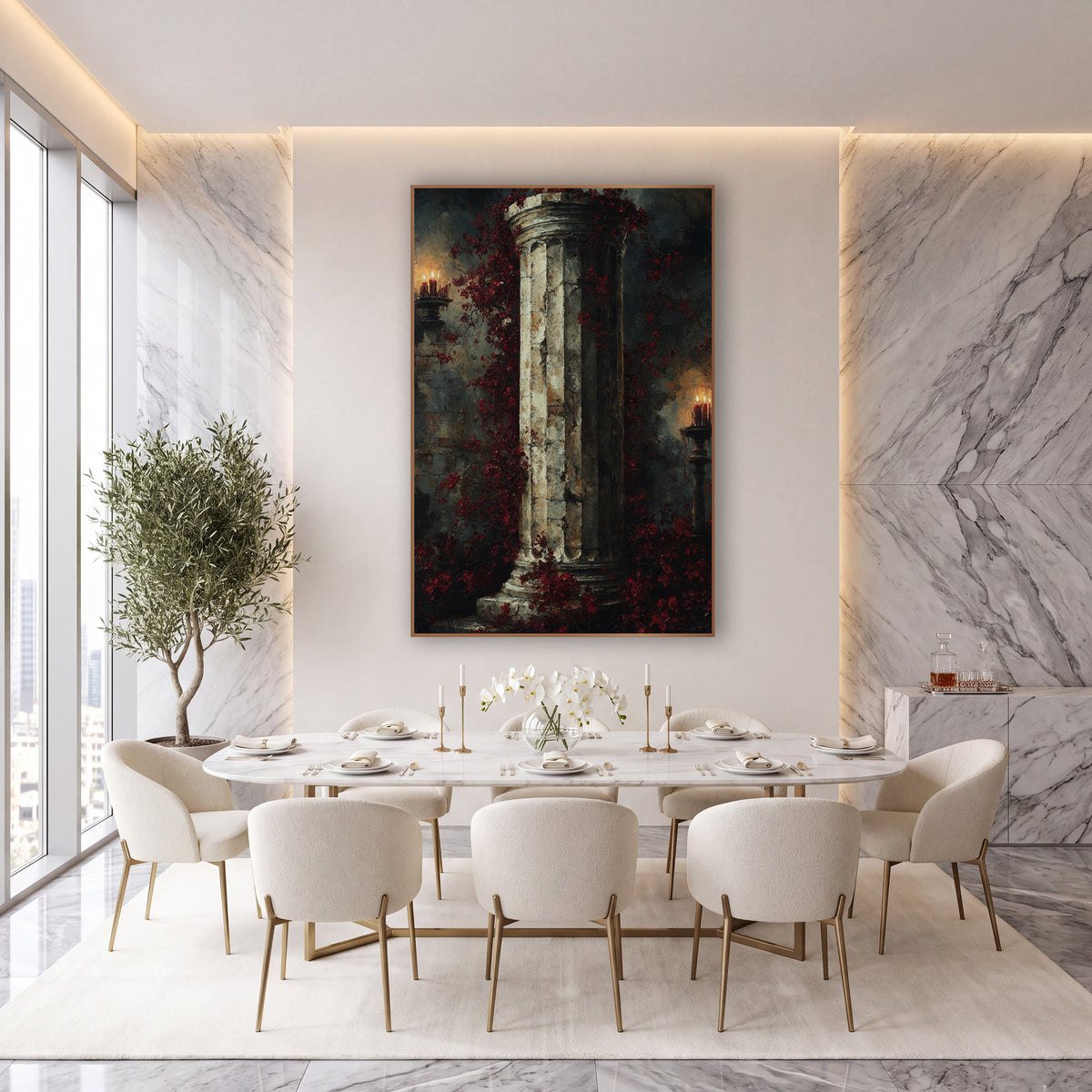 Crimson Blossom Column Gothic Decor wall art in an elegant modern room – fluted stone column wrapped in burgundy