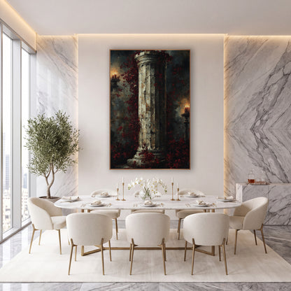 Crimson Blossom Column Gothic Decor wall art in an elegant modern room – fluted stone column wrapped in burgundy