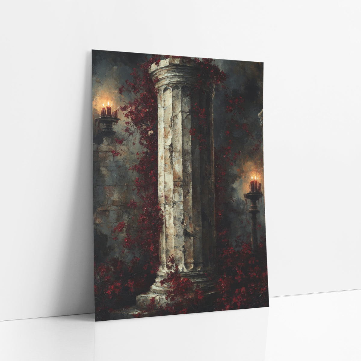 Crimson Blossom Column Gothic Decor art print leaning against a white wall – fluted stone column wrapped in burgundy blossoms