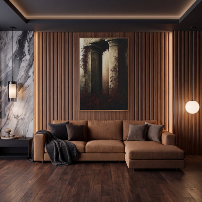 Crimson Ivy Column Ruins Gothic wall art in an elegant modern room – two crumbling stone columns wrapped in deep red