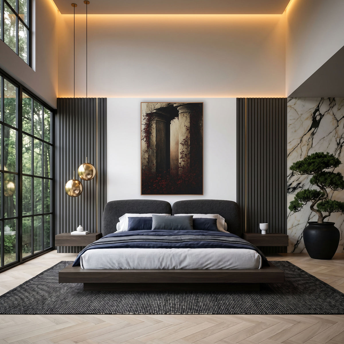 Crimson Ivy Column Ruins Gothic wall art in an elegant modern room – two crumbling stone columns wrapped in deep red