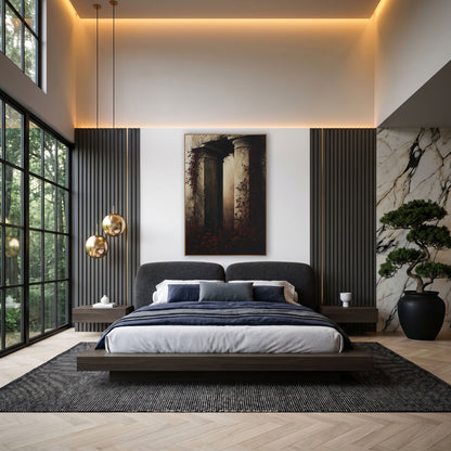 Crimson Ivy Column Ruins Gothic wall art in an elegant modern room – two crumbling stone columns wrapped in deep red