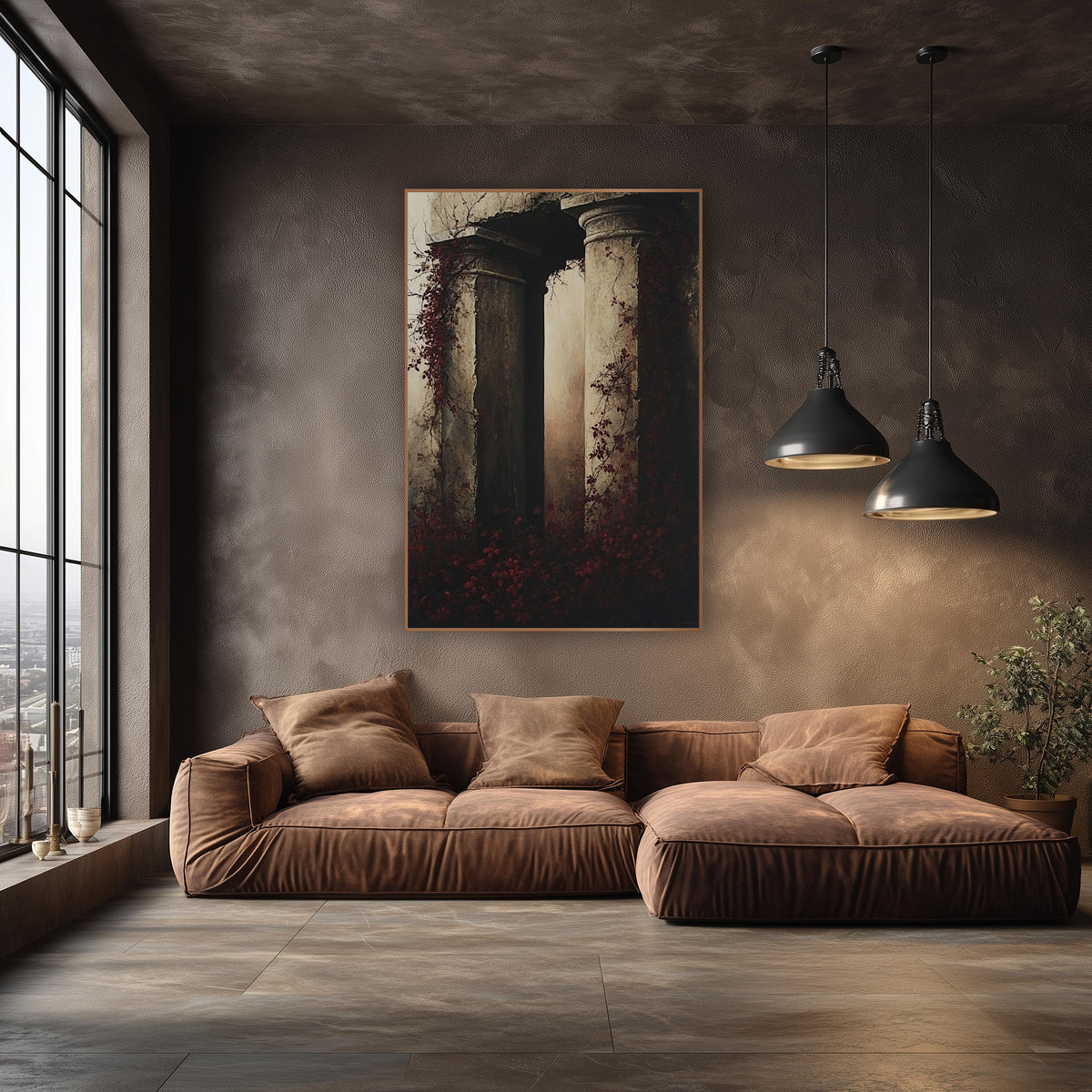 Crimson Ivy Column Ruins Gothic wall art in an elegant modern room – two crumbling stone columns wrapped in deep red