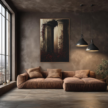 Crimson Ivy Column Ruins Gothic wall art in an elegant modern room – two crumbling stone columns wrapped in deep red