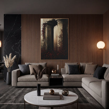 Crimson Ivy Column Ruins Gothic wall art in an elegant modern room – two crumbling stone columns wrapped in deep red