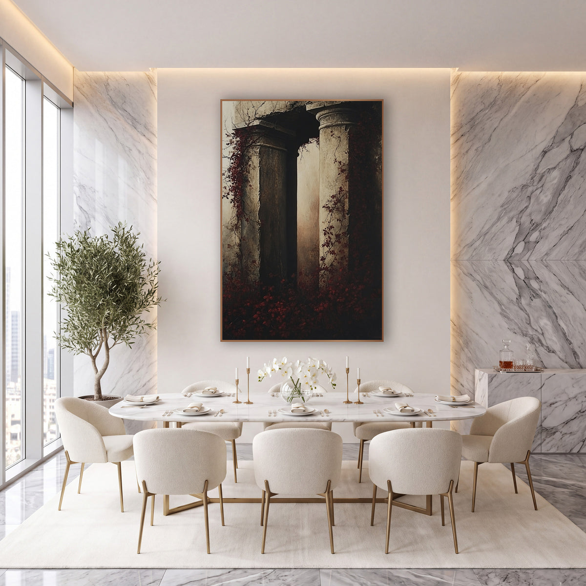Crimson Ivy Column Ruins Gothic wall art in an elegant modern room – two crumbling stone columns wrapped in deep red