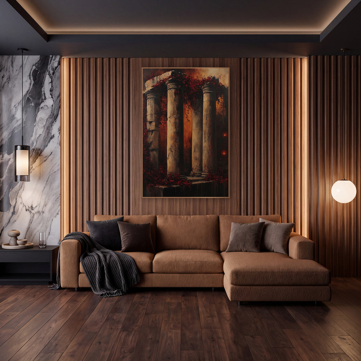 Crumbling Stone Columns Moody Gothic wall art in an elegant modern room – weathered stone columns draped in burgundy
