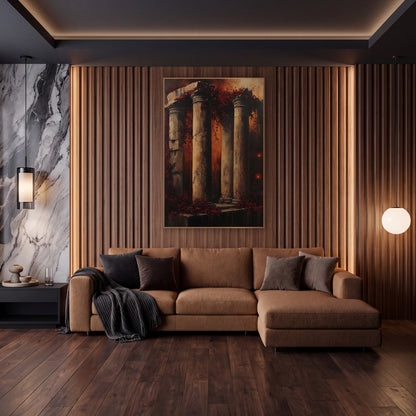 Crumbling Stone Columns Moody Gothic wall art in an elegant modern room – weathered stone columns draped in burgundy