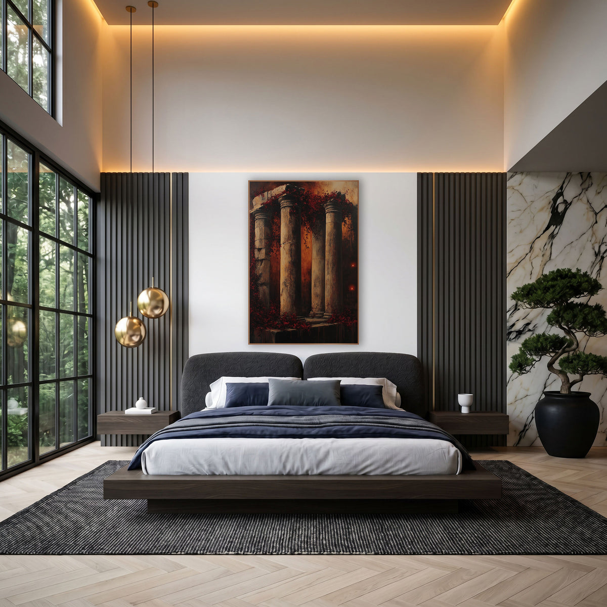 Crumbling Stone Columns Moody Gothic wall art in an elegant modern room – weathered stone columns draped in burgundy