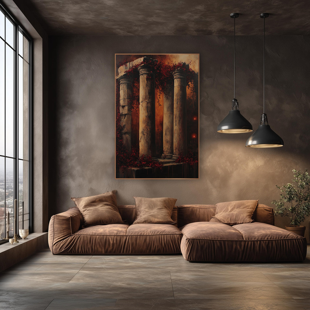 Crumbling Stone Columns Moody Gothic wall art in an elegant modern room – weathered stone columns draped in burgundy