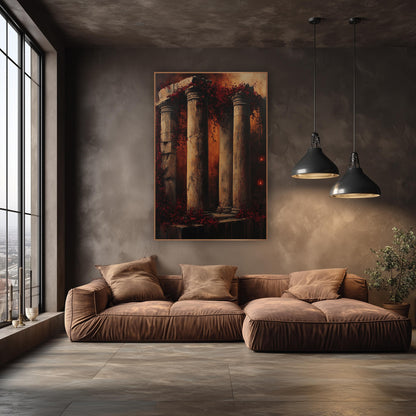 Crumbling Stone Columns Moody Gothic wall art in an elegant modern room – weathered stone columns draped in burgundy