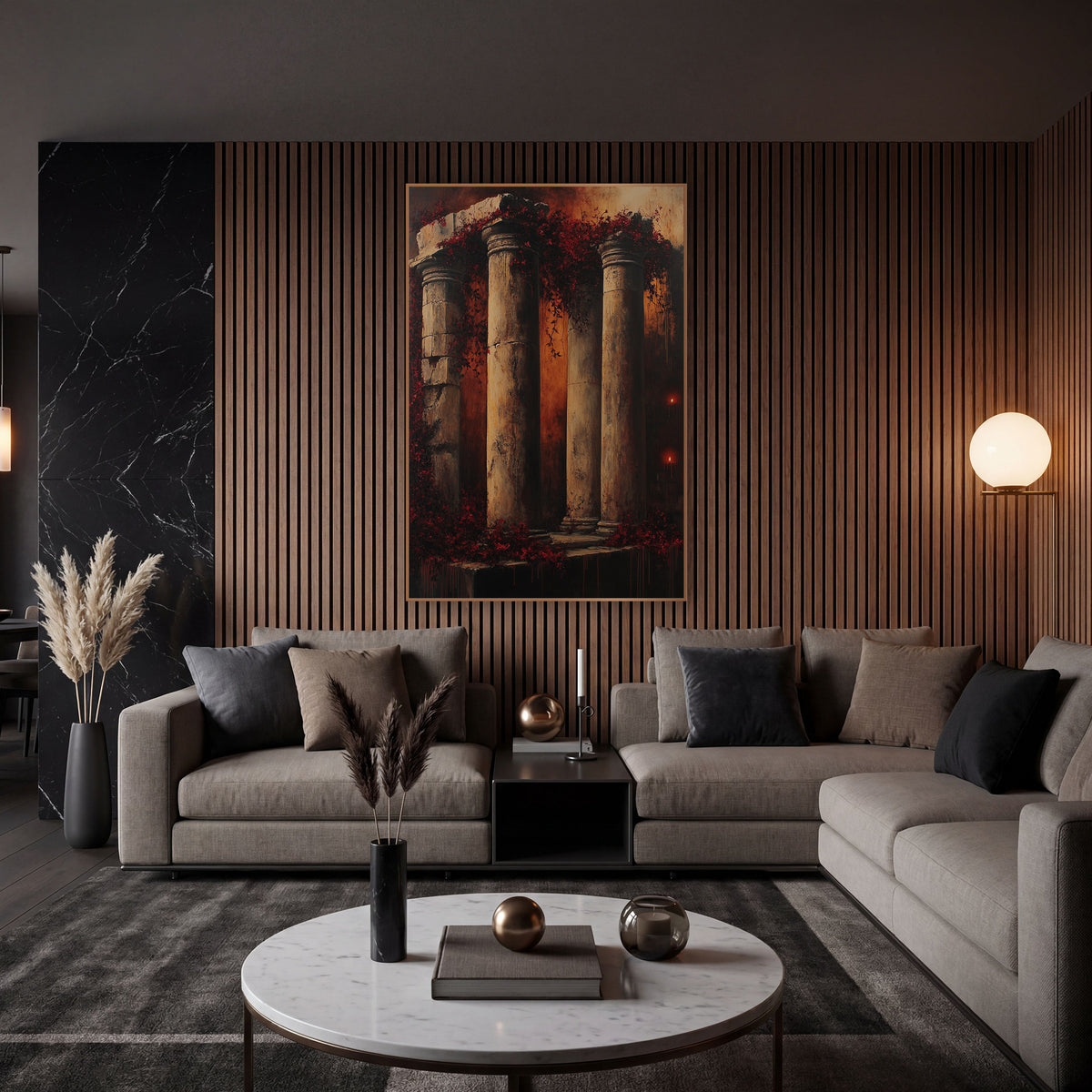Crumbling Stone Columns Moody Gothic wall art in an elegant modern room – weathered stone columns draped in burgundy