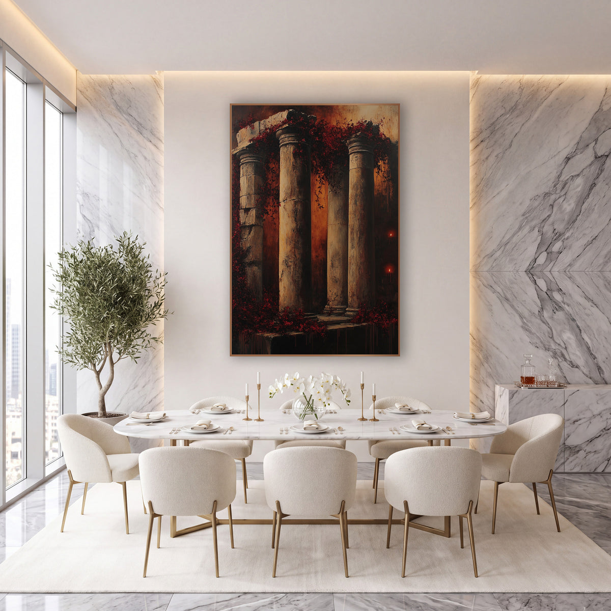 Crumbling Stone Columns Moody Gothic wall art in an elegant modern room – weathered stone columns draped in burgundy