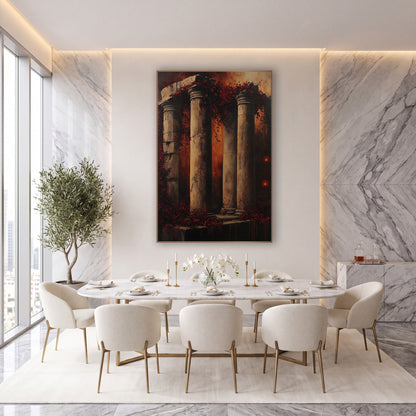 Crumbling Stone Columns Moody Gothic wall art in an elegant modern room – weathered stone columns draped in burgundy