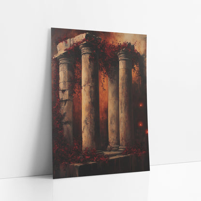 Crumbling Stone Columns Moody Gothic art print leaning against a white wall – weathered stone columns draped in burgundy
