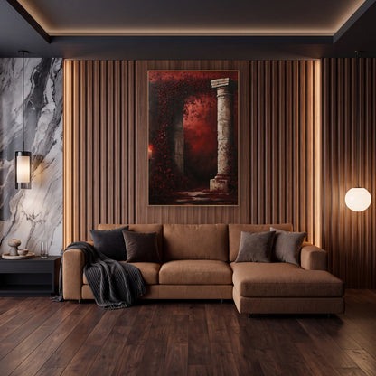 Burgundy Blossom Ruin Gothic wall art in an elegant modern room – cracked stone column beside an arch of burgundy