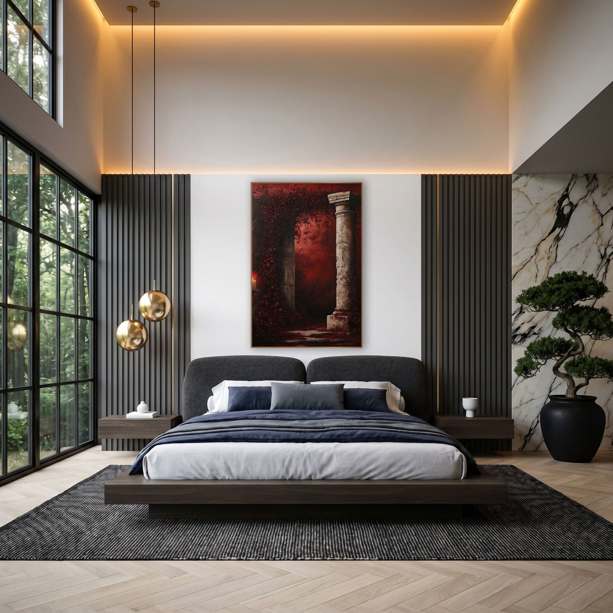 Burgundy Blossom Ruin Gothic wall art in an elegant modern room – cracked stone column beside an arch of burgundy