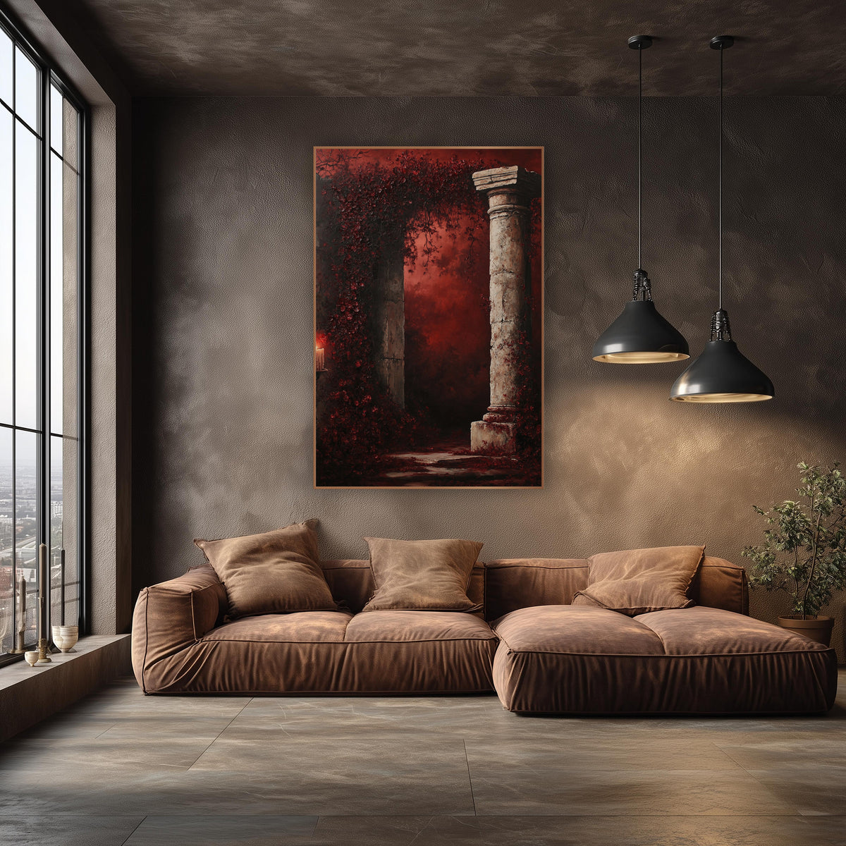 Burgundy Blossom Ruin Gothic wall art in an elegant modern room – cracked stone column beside an arch of burgundy